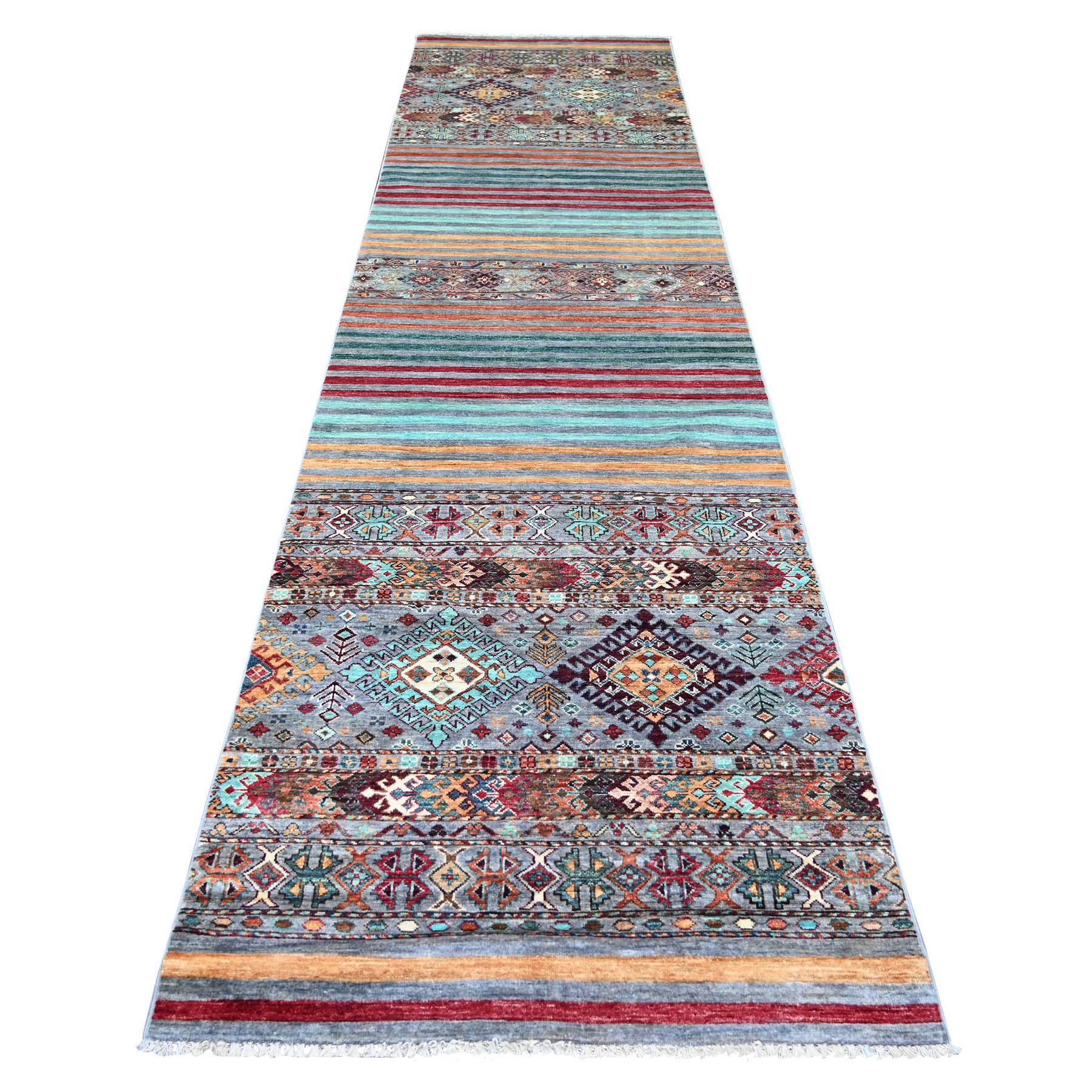 Spanish Gray, Afghan Super Kazak with Khorjin Design, Hand Knotted, 100% Wool, Vegetable Dyes, Wide Runner, Oriental Rug